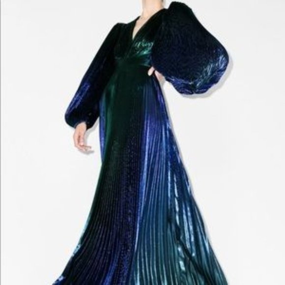 Givenchy Lamé Silk Pouf Sleeve Pleated Gown